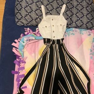 White, black and tan striped Romper